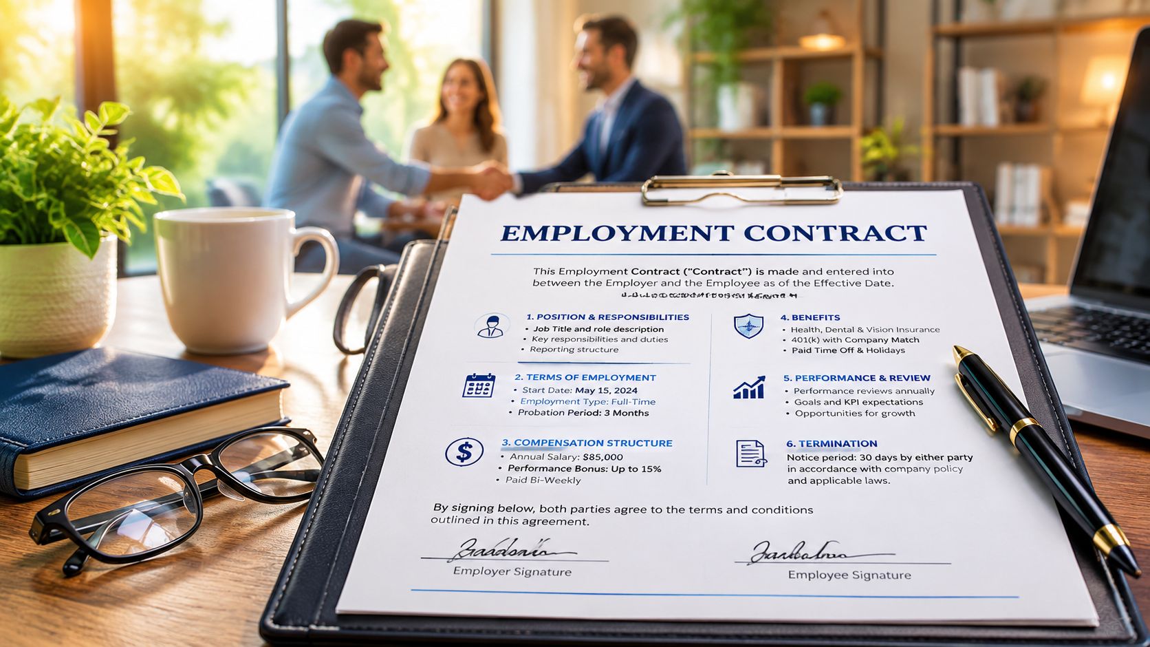 Maternity Nurse Salary 2026: Expert Rates and Factors | Superstar Nannies A professional employment contract on a clipboard with a pen on a desk during a hiring meeting.
