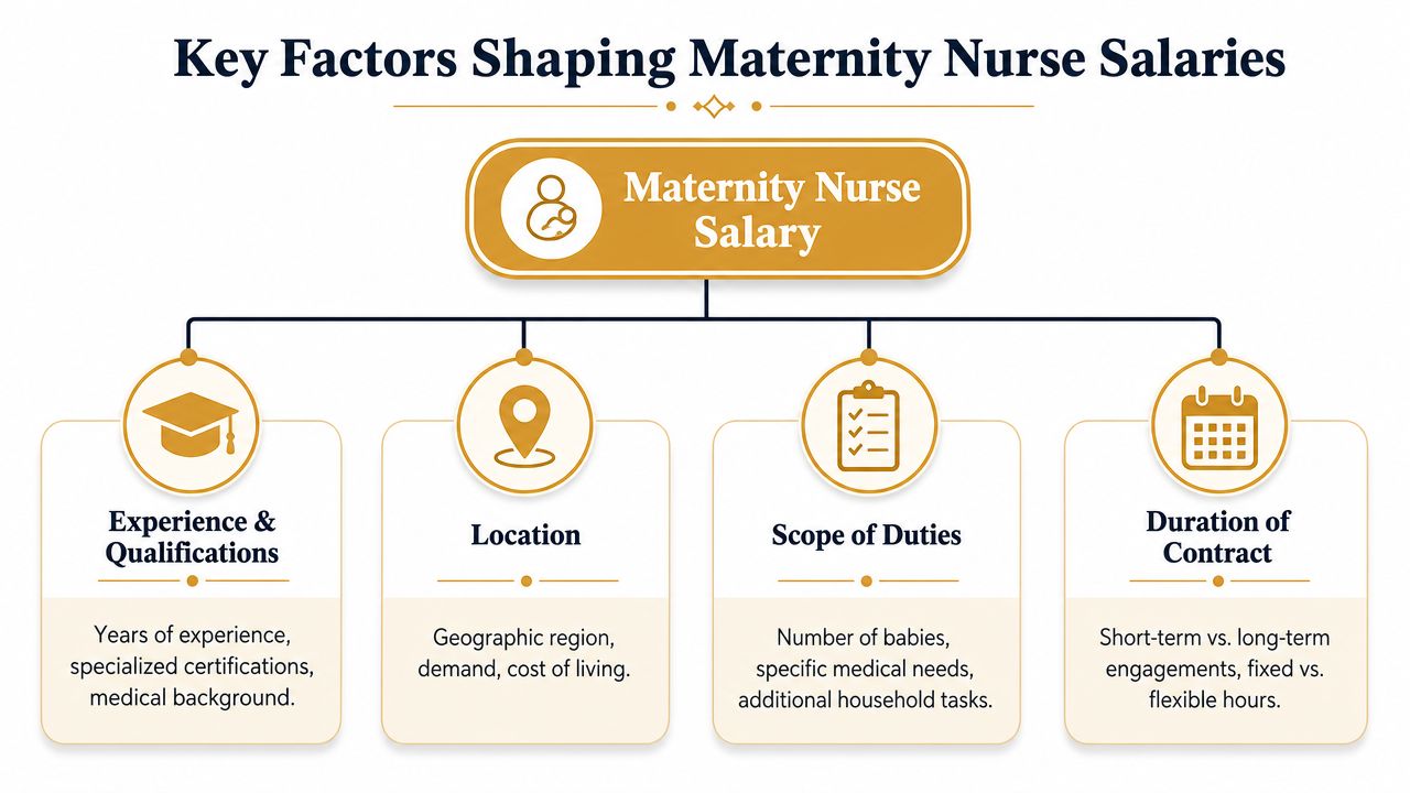Maternity Nurse Salary 2026: Expert Rates and Factors | Superstar Nannies A flowchart infographic outlining the four key factors influencing maternity nurse salaries: experience, location, duties, and contract duration.