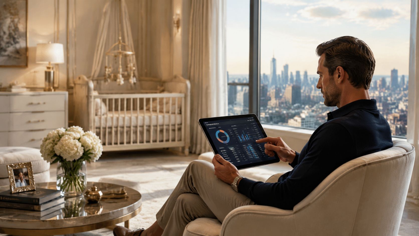 A professional man reviewing financial data on a tablet in a luxurious room with city views.