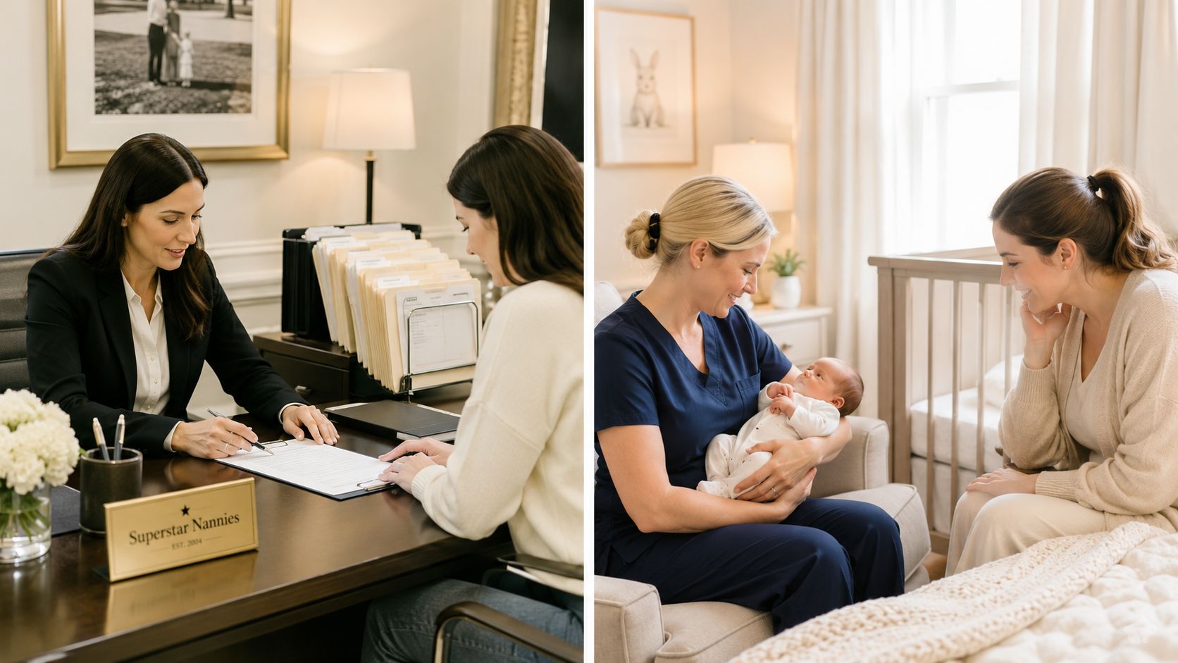 A professional nanny consultant discusses services with a client alongside a nurse holding a newborn baby.