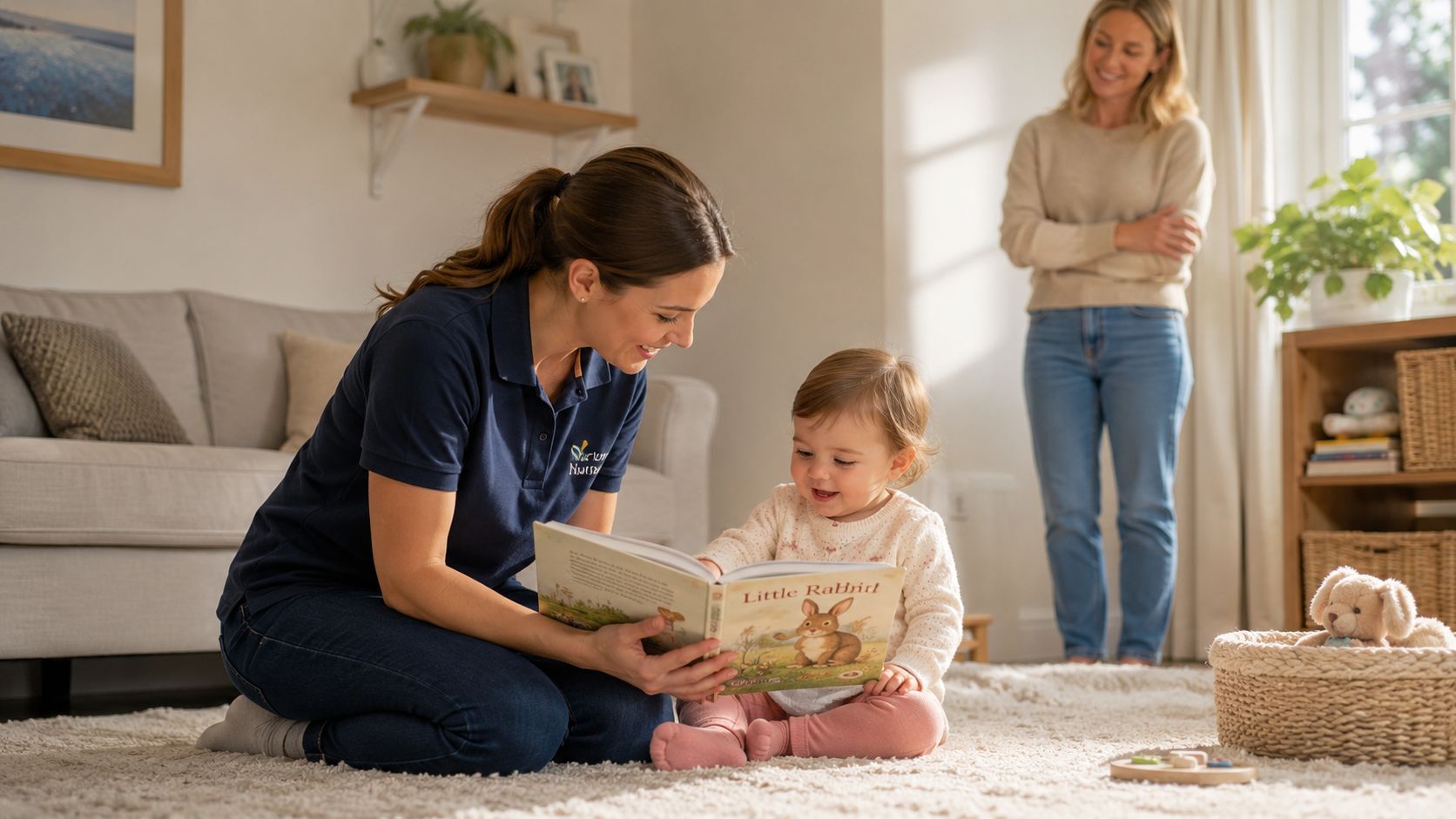 The Ultimate Nanny Background Check Guide 2026: A Parent's Guide to Safety and Peace of Mind | Superstar Nannies A professional nanny reading a book to a young toddler in a bright, cozy living room setting.