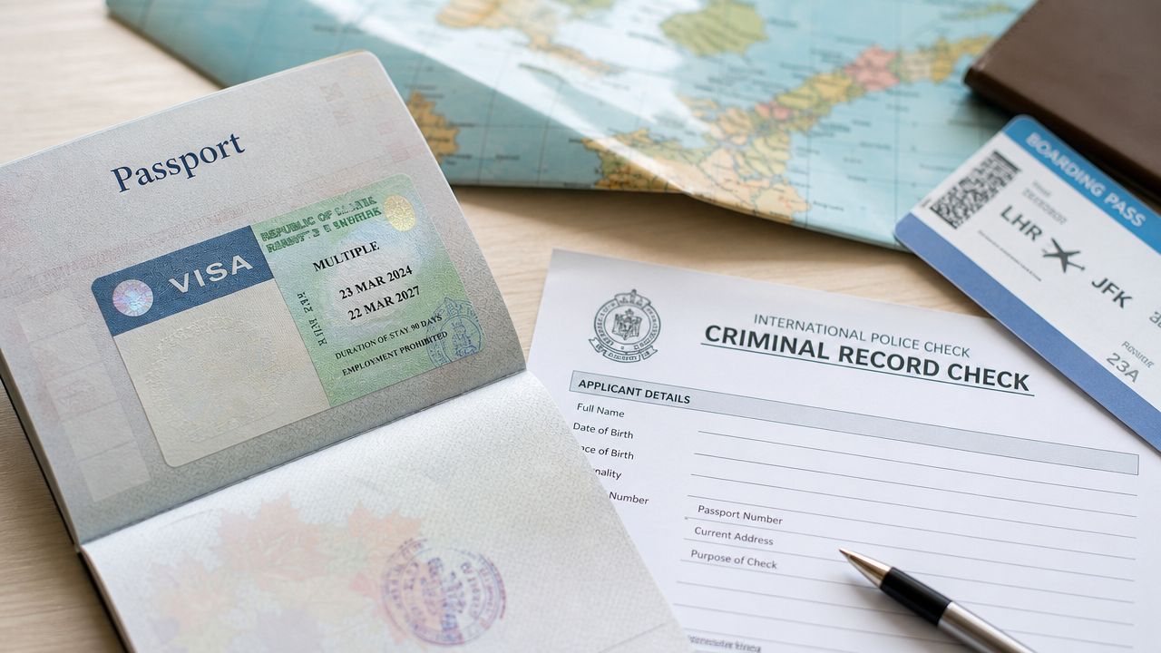 The Ultimate Nanny Background Check Guide 2026: A Parent's Guide to Safety and Peace of Mind | Superstar Nannies A passport with a visa, a criminal record check form, and a boarding pass on a wooden table.