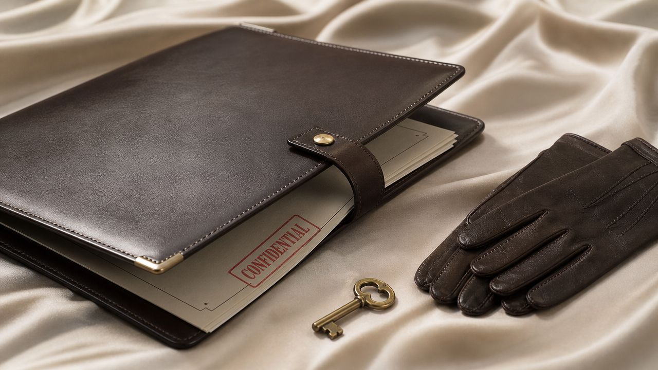 7 Nanny Contract Templates for Elite Families in 2026 | Superstar Nannies A leather folder marked confidential, a metal key, and dark leather gloves on silk fabric.