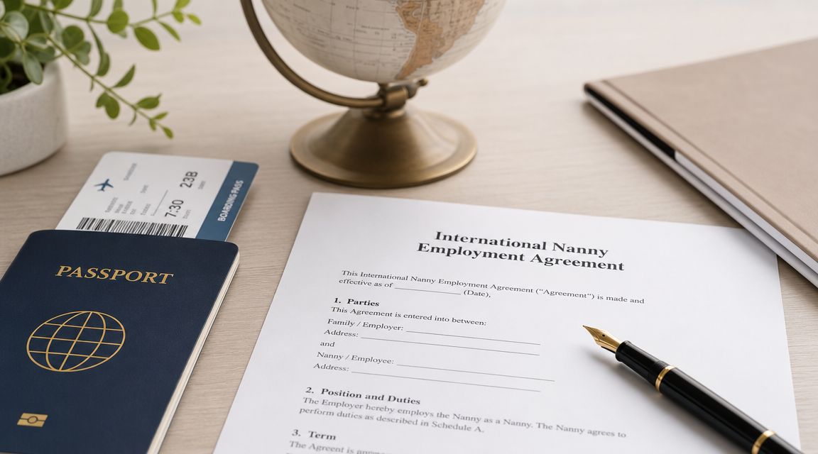7 Nanny Contract Templates for Elite Families in 2026 | Superstar Nannies An international nanny employment agreement document with a passport, boarding pass, fountain pen, and globe on a desk.