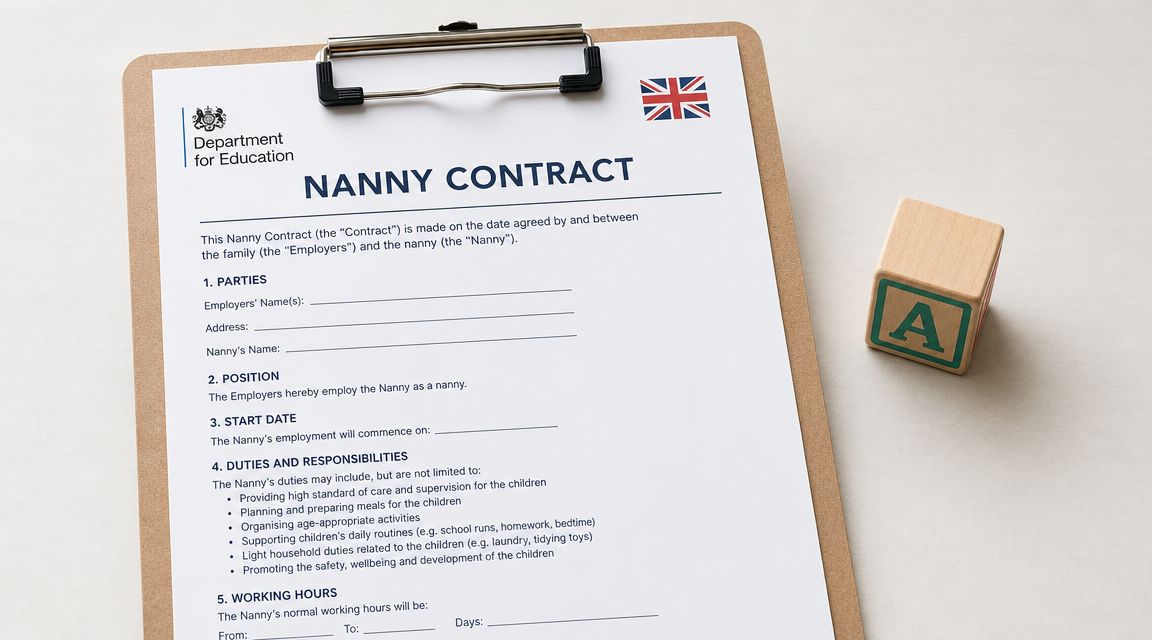 7 Nanny Contract Templates for Elite Families in 2026 | Superstar Nannies A printed nanny contract form with a wooden block letter A sitting on a table.