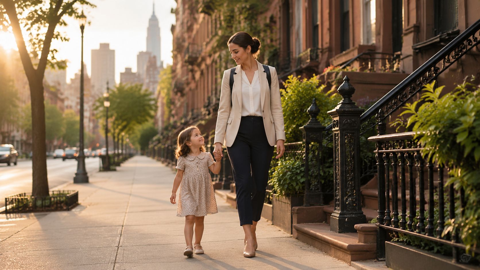 Find Elite Nanny Jobs in New York: Your 2026 Guide | Superstar Nannies A professional nanny holding hands with a young girl while walking down a sunlit New York City sidewalk.