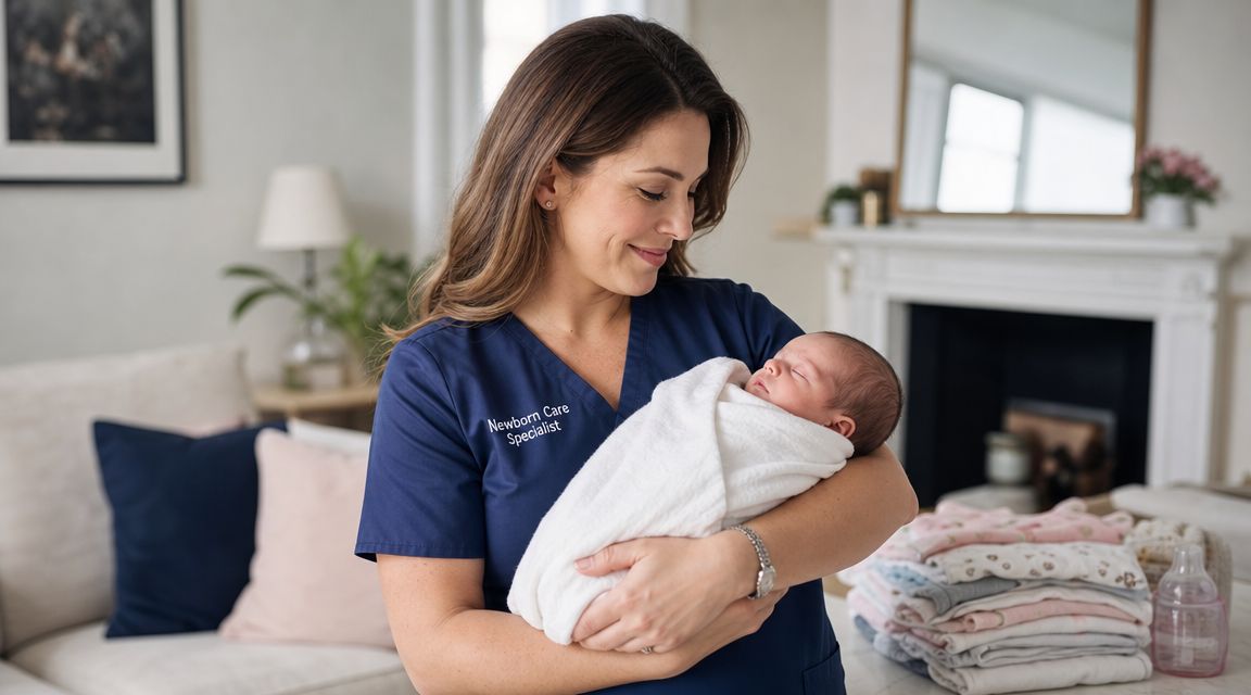 Newborn Care Specialist: Hire with Confidence | Superstar Nannies A newborn care specialist in a navy blue uniform holds a swaddled newborn baby in a home setting.