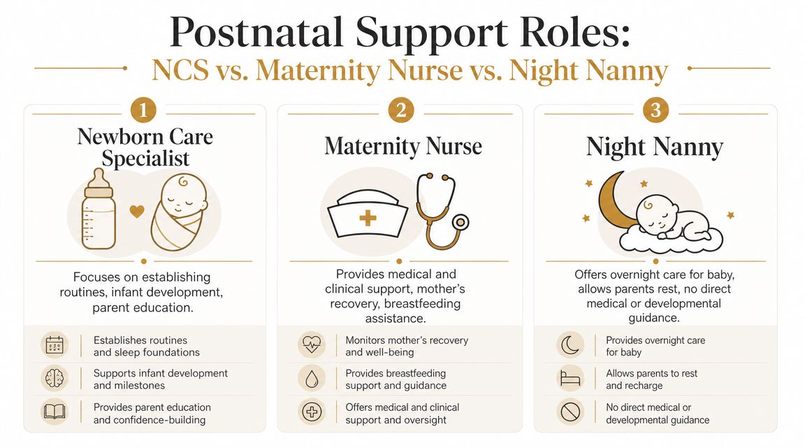 Newborn Care Specialist: Hire with Confidence | Superstar Nannies A comparative infographic detailing the roles of Newborn Care Specialists, Maternity Nurses, and Night Nannies for parents.