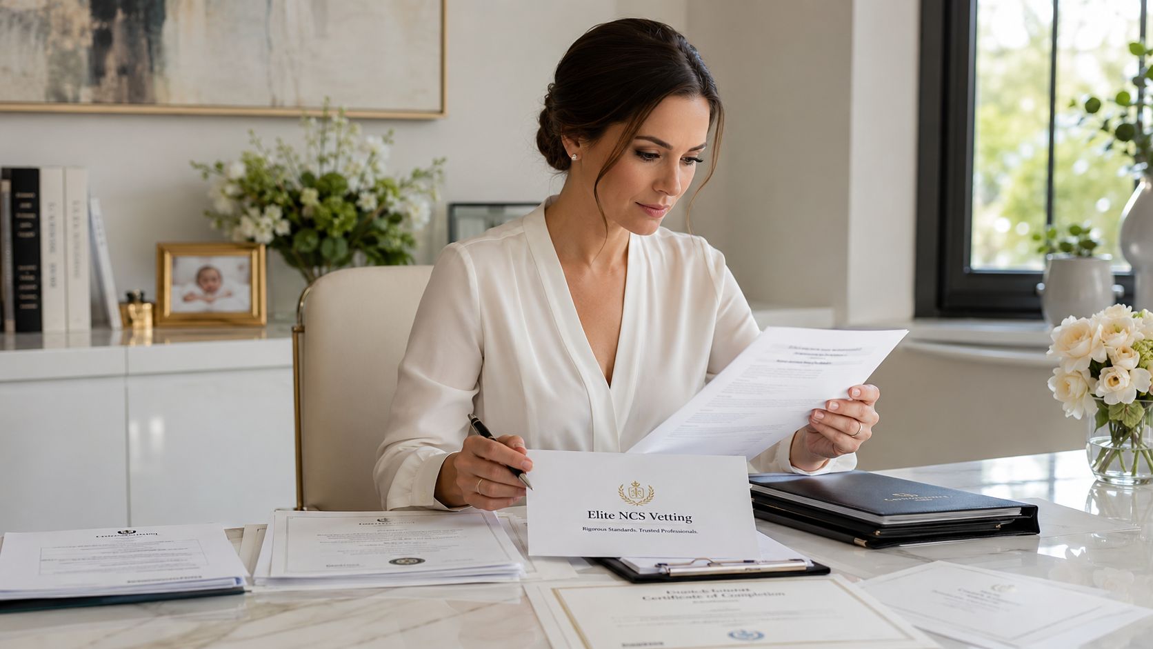 Newborn Care Specialist: Hire with Confidence | Superstar Nannies A professional woman in a white blouse reviews documents for Elite NCS Vetting at a desk.