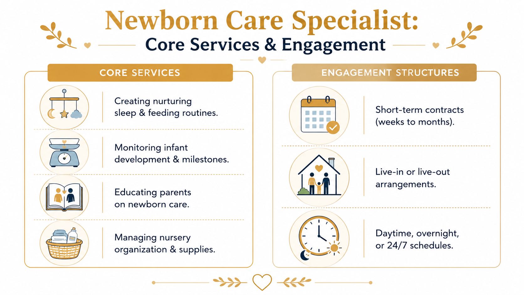 Newborn Care Specialist: Hire with Confidence | Superstar Nannies An infographic titled Newborn Care Specialist outlining core service responsibilities and various professional engagement structures.