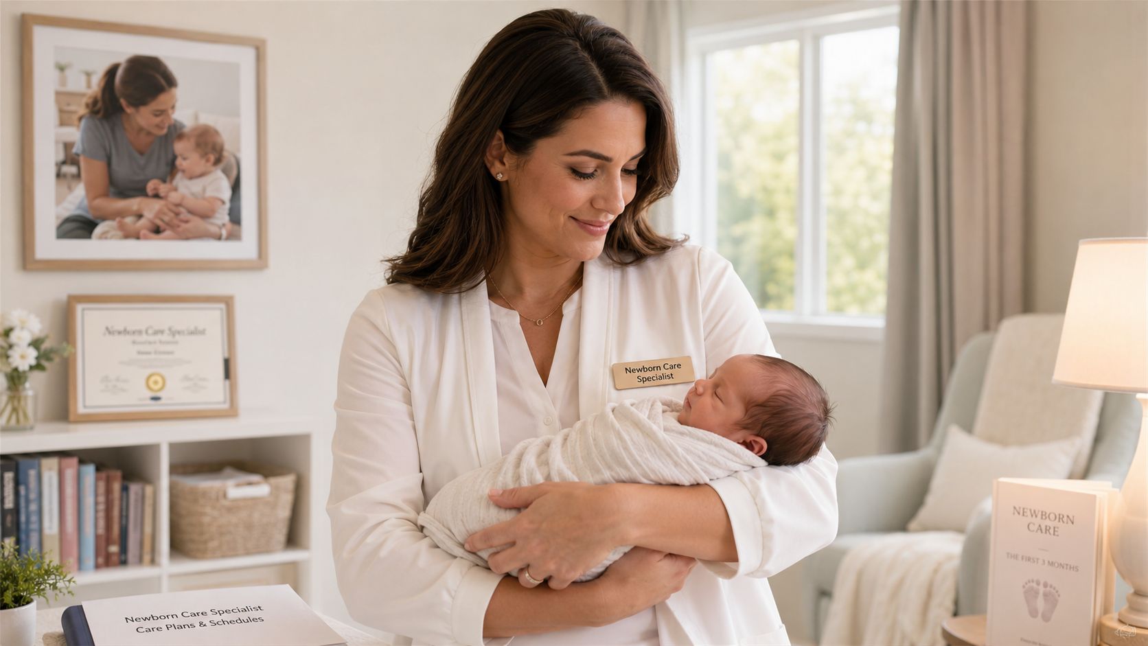 Newborn Care Specialist Training Your Elite Career Path | Superstar Nannies A professional newborn care specialist holding a swaddled infant in a bright, calm nursery environment.