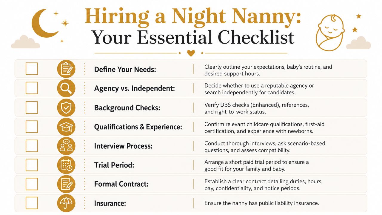 Night Nannies London: Expert Care & Guide for 2026 | Superstar Nannies An essential checklist for parents outlining the key steps when hiring a professional night nanny for newborns.