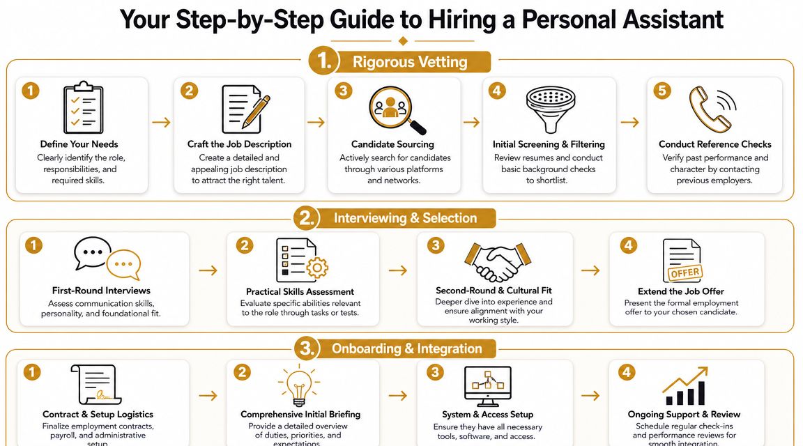 A step-by-step infographic guide for hiring a personal assistant through vetting, interviewing, and onboarding processes.