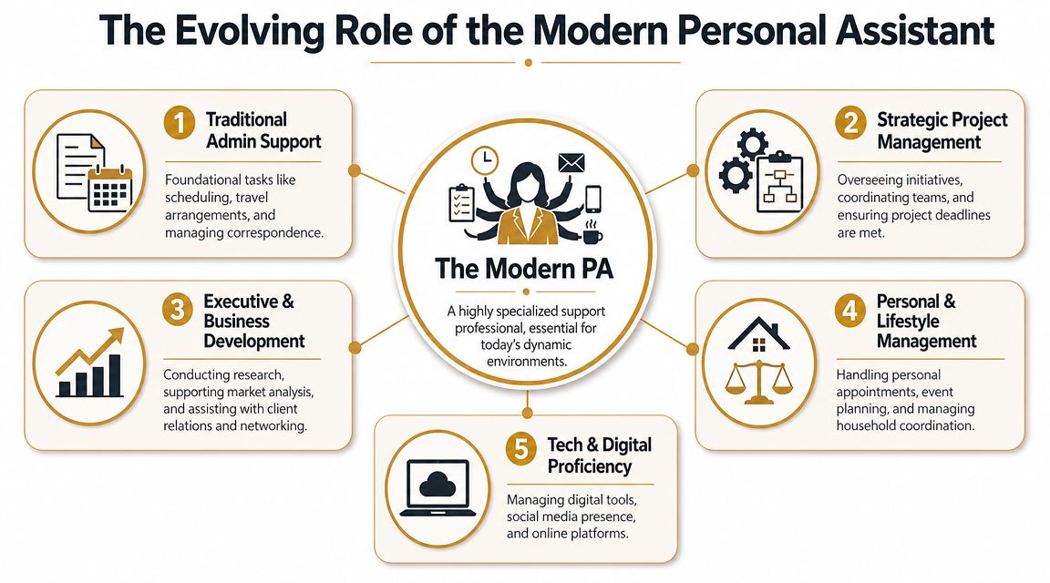 A diagram illustrating the evolving, multifaceted professional roles and responsibilities of modern personal assistants in business environments.