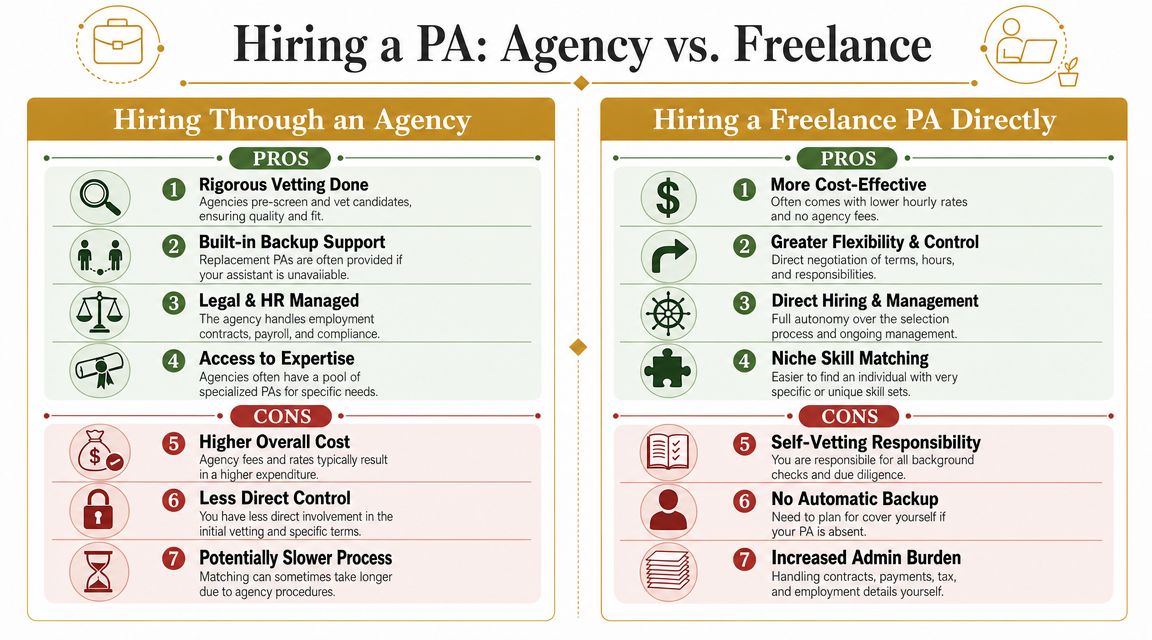 An infographic comparing the pros and cons of hiring a personal assistant through an agency versus directly.