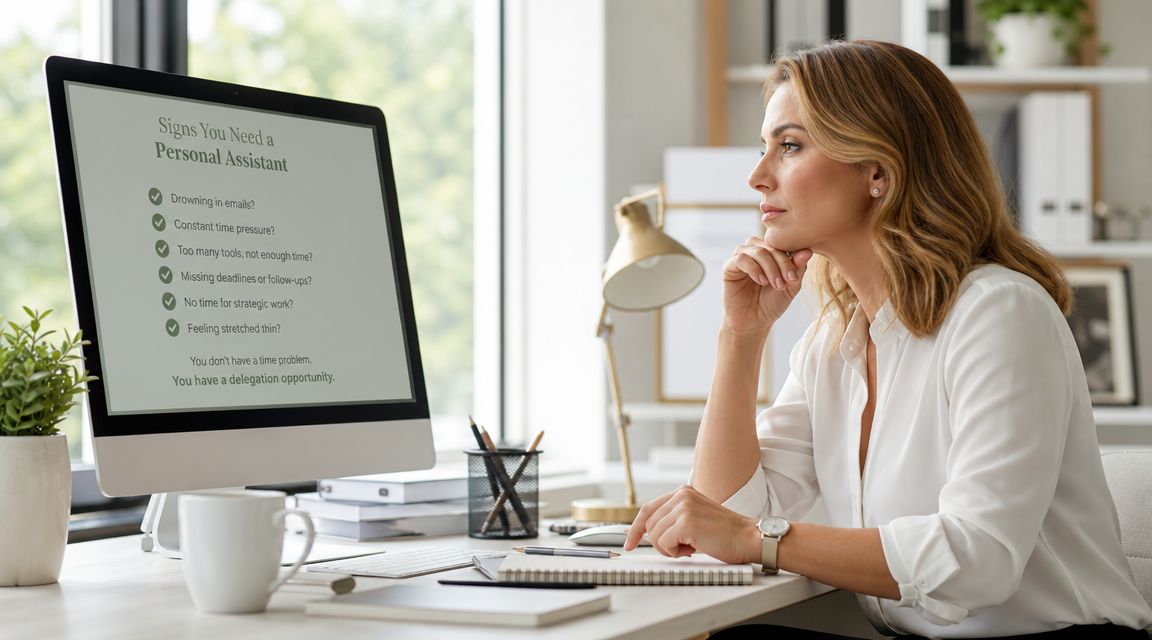A professional woman looking at her computer screen displaying signs indicating a need for a personal assistant.