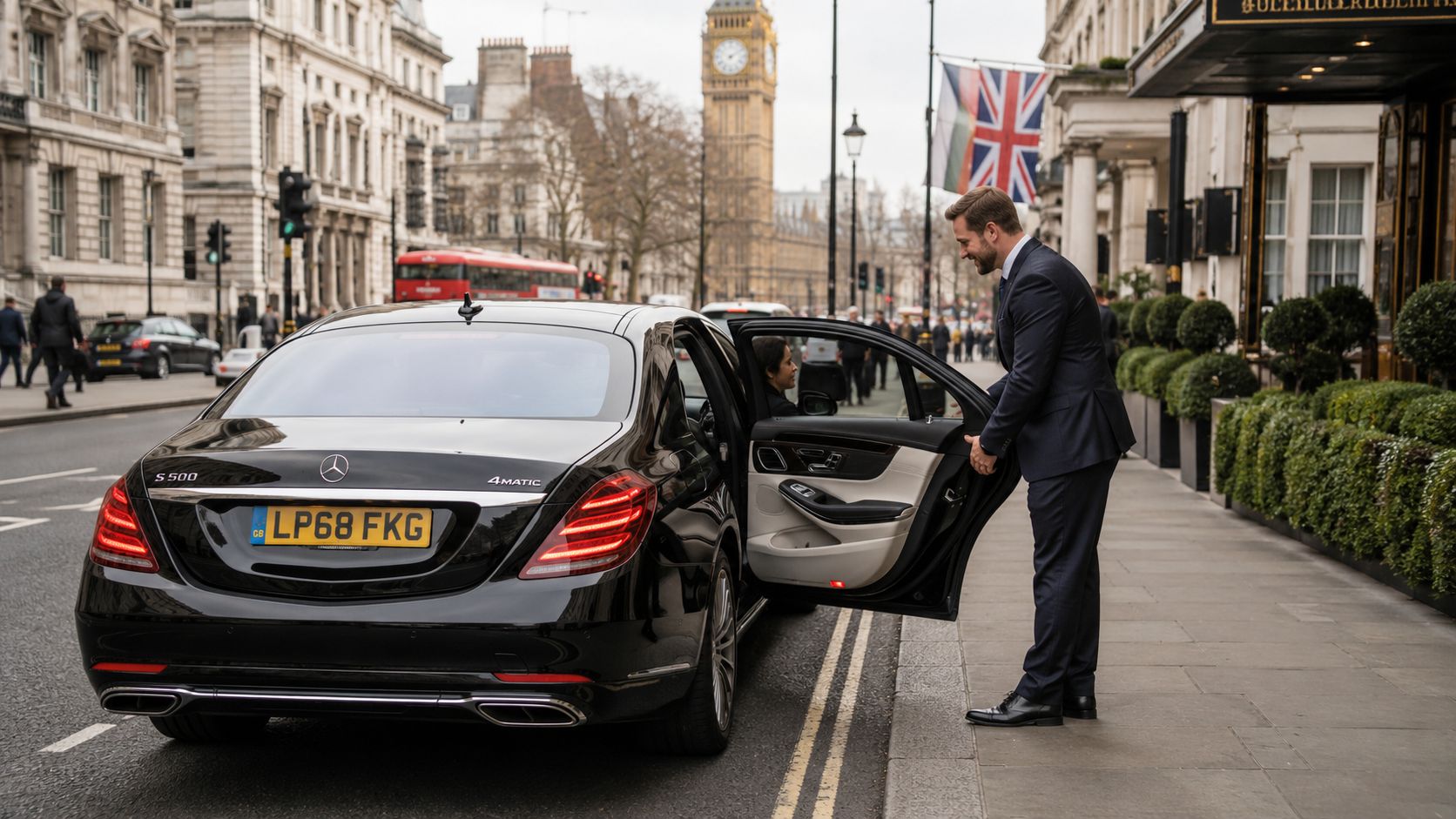 Your Personal Driver London Guide for 2026 | Superstar Nannies A professional chauffeur in a suit opens the door of a black Mercedes-Benz for a passenger in London.