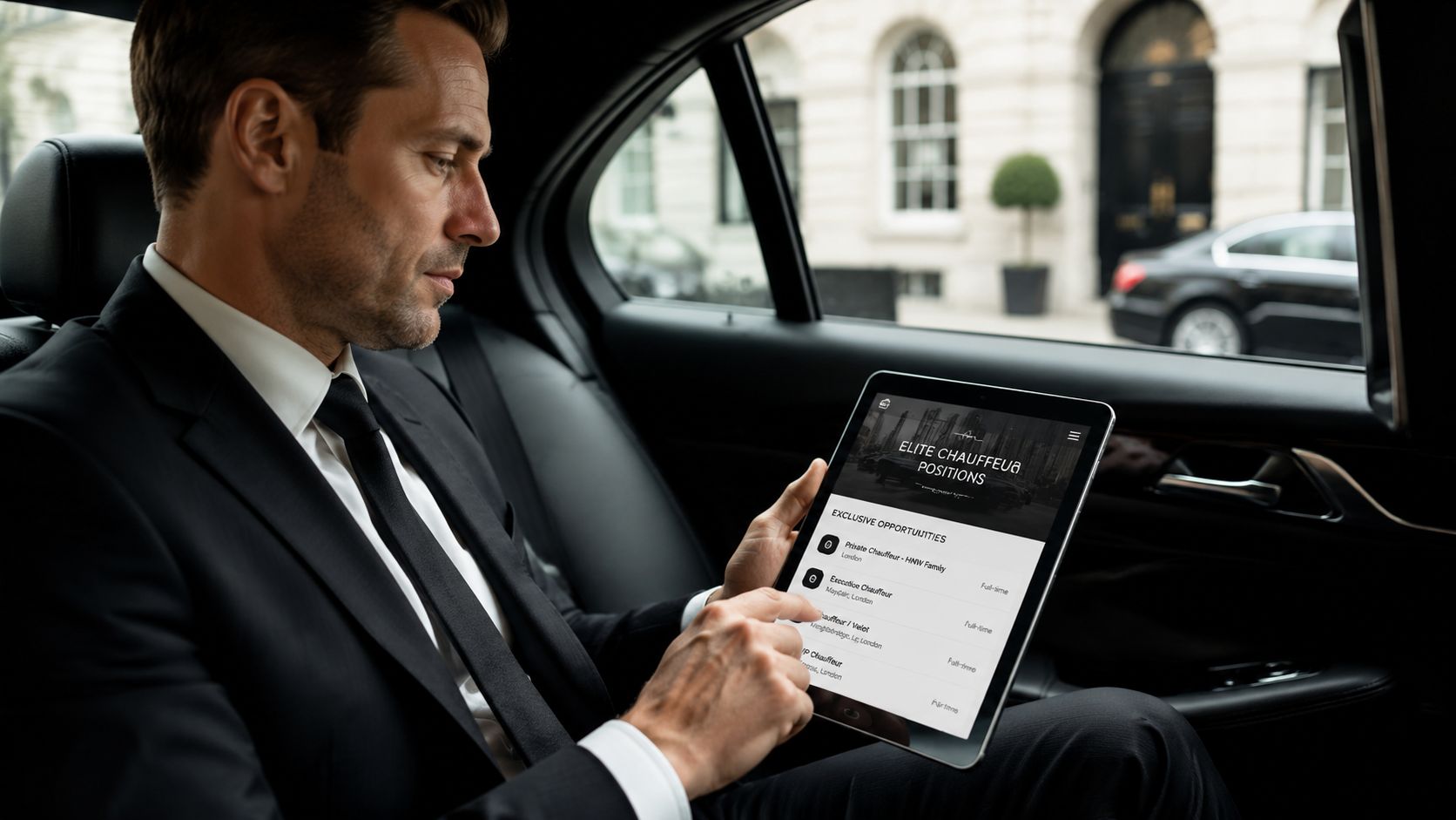 A professional man in a suit reviewing private chauffeur jobs in London on a digital tablet inside a car.