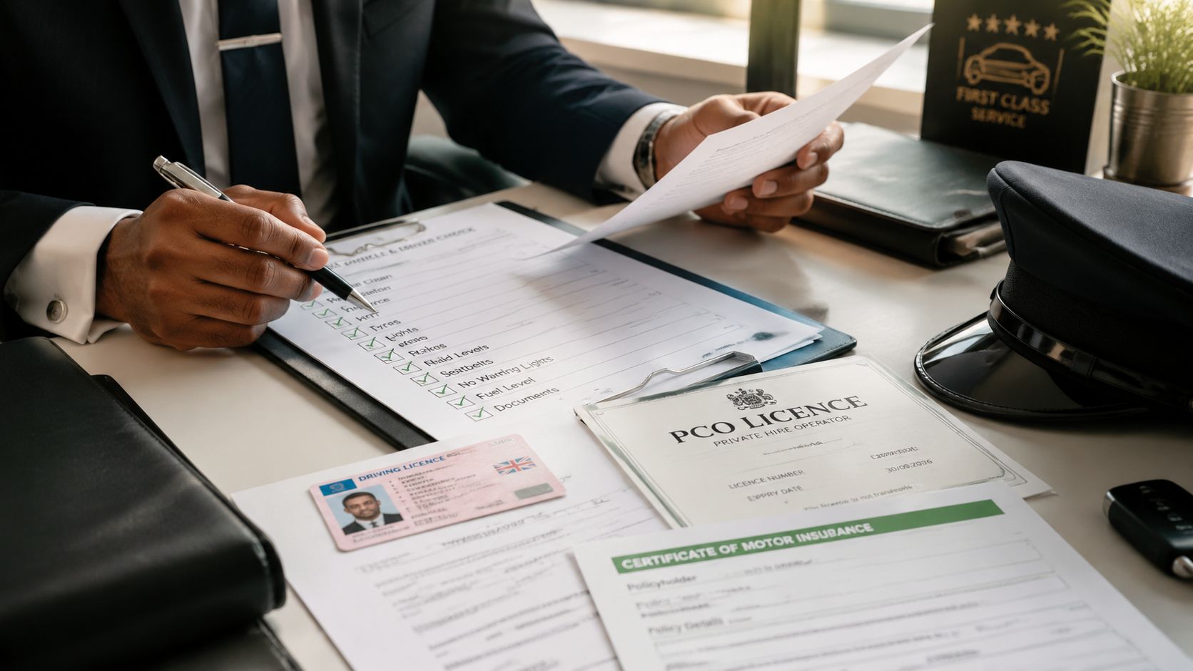 A professional chauffeur reviewing vehicle inspection documents and licenses on a desk for private hire operations.