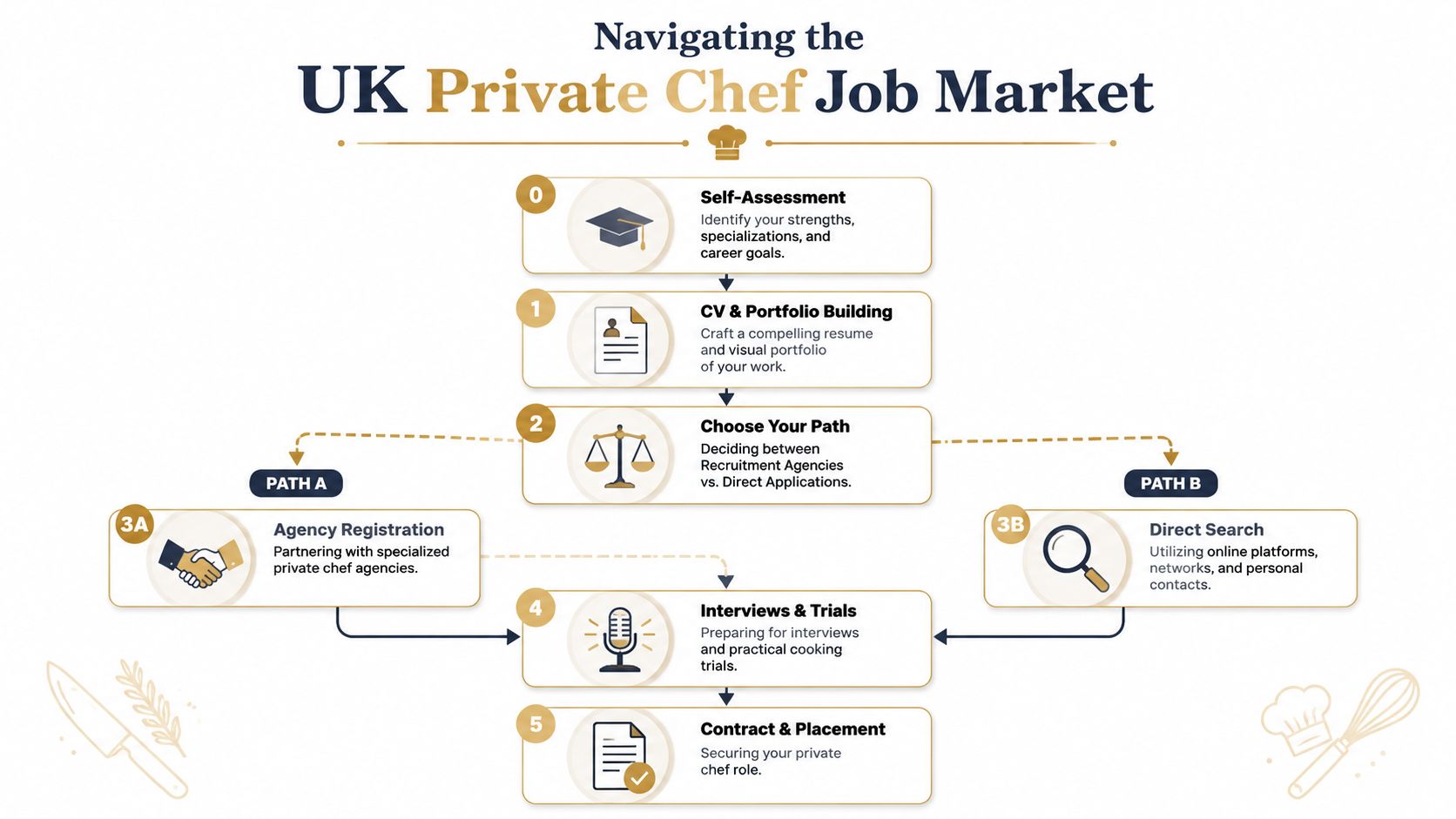 Private Chef Job UK: Your 2026 Career Guide | Superstar Nannies A step-by-step infographic titled Navigating the UK Private Chef Job Market detailing the hiring process.