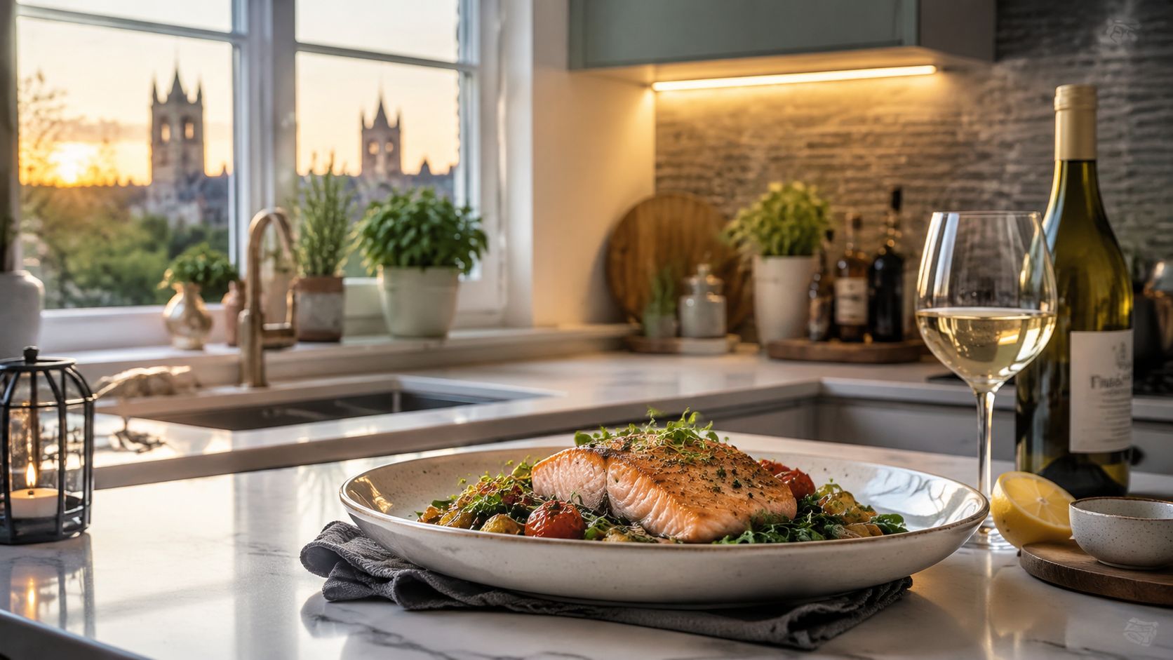 Private Chef York: Hire Your Culinary Expert | Superstar Nannies A delicious gourmet salmon dish served on a marble countertop with a glass of white wine at sunset.