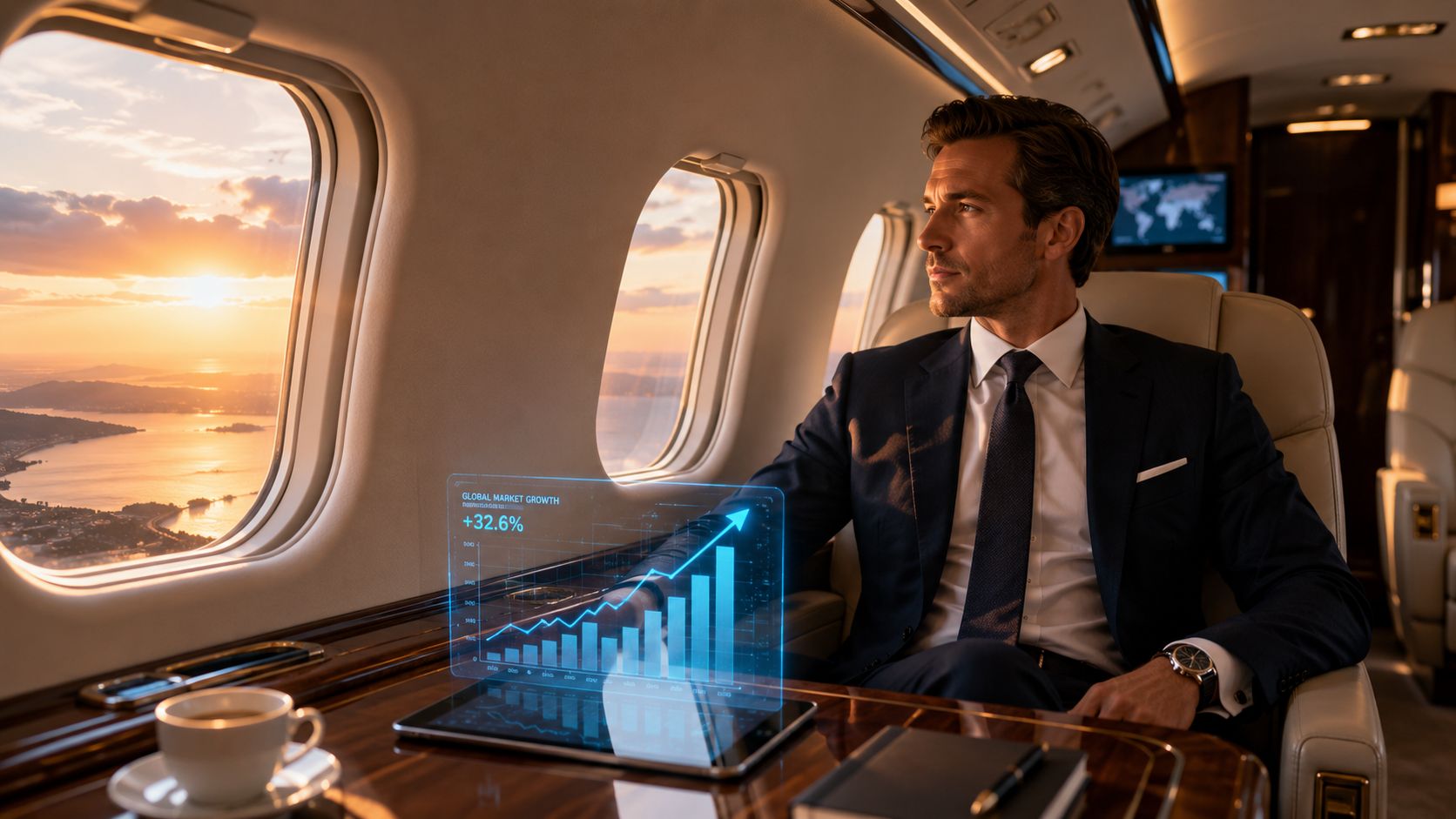 Private Jets Jobs: Your Ultimate 2026 Career Guide | Superstar Nannies A sophisticated businessman sitting in a private jet looking out at a scenic sunset with market data.