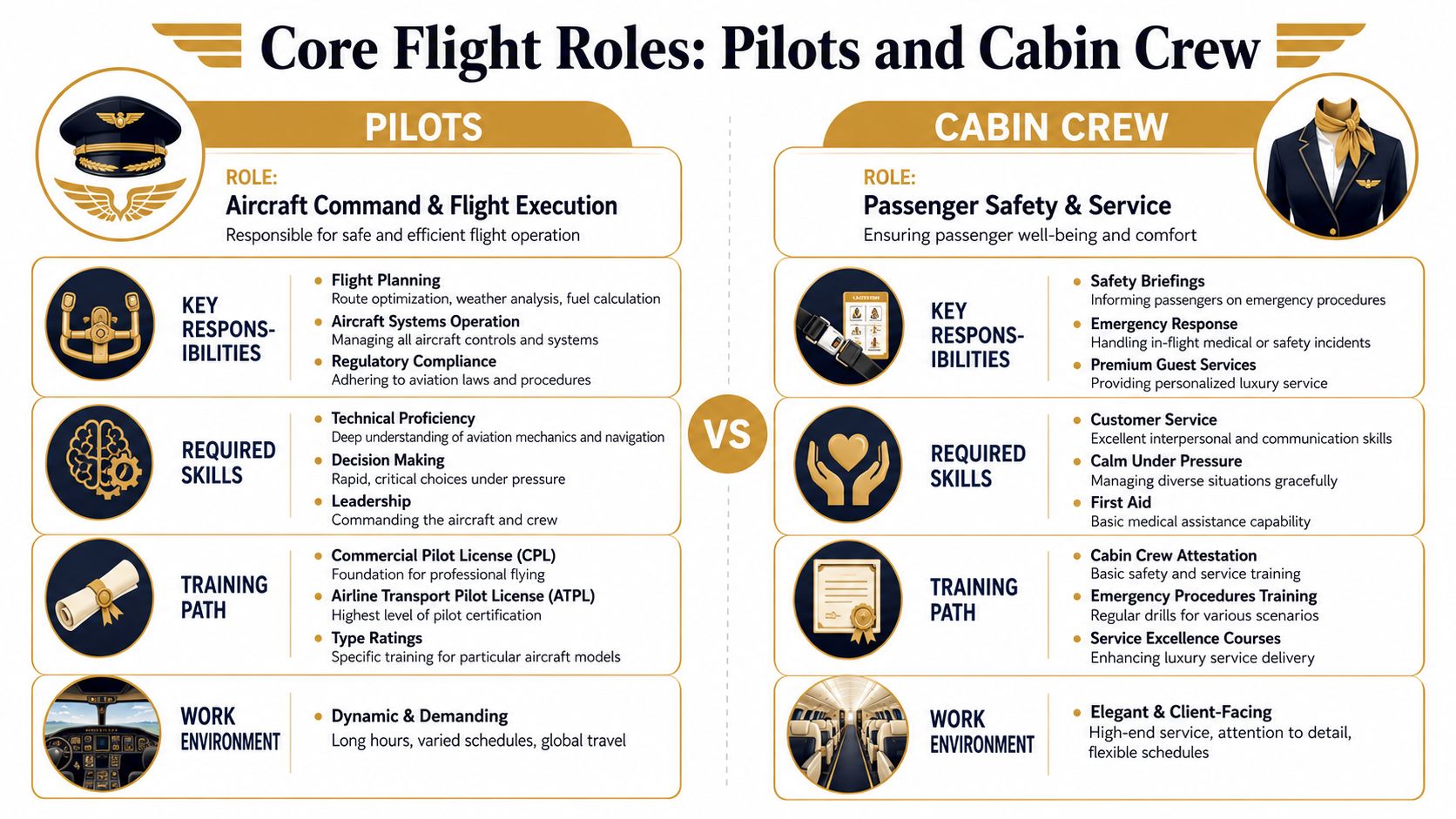 Private Jets Jobs: Your Ultimate 2026 Career Guide | Superstar Nannies An infographic comparing the core roles, skills, training, and work environments of airline pilots and cabin crew.