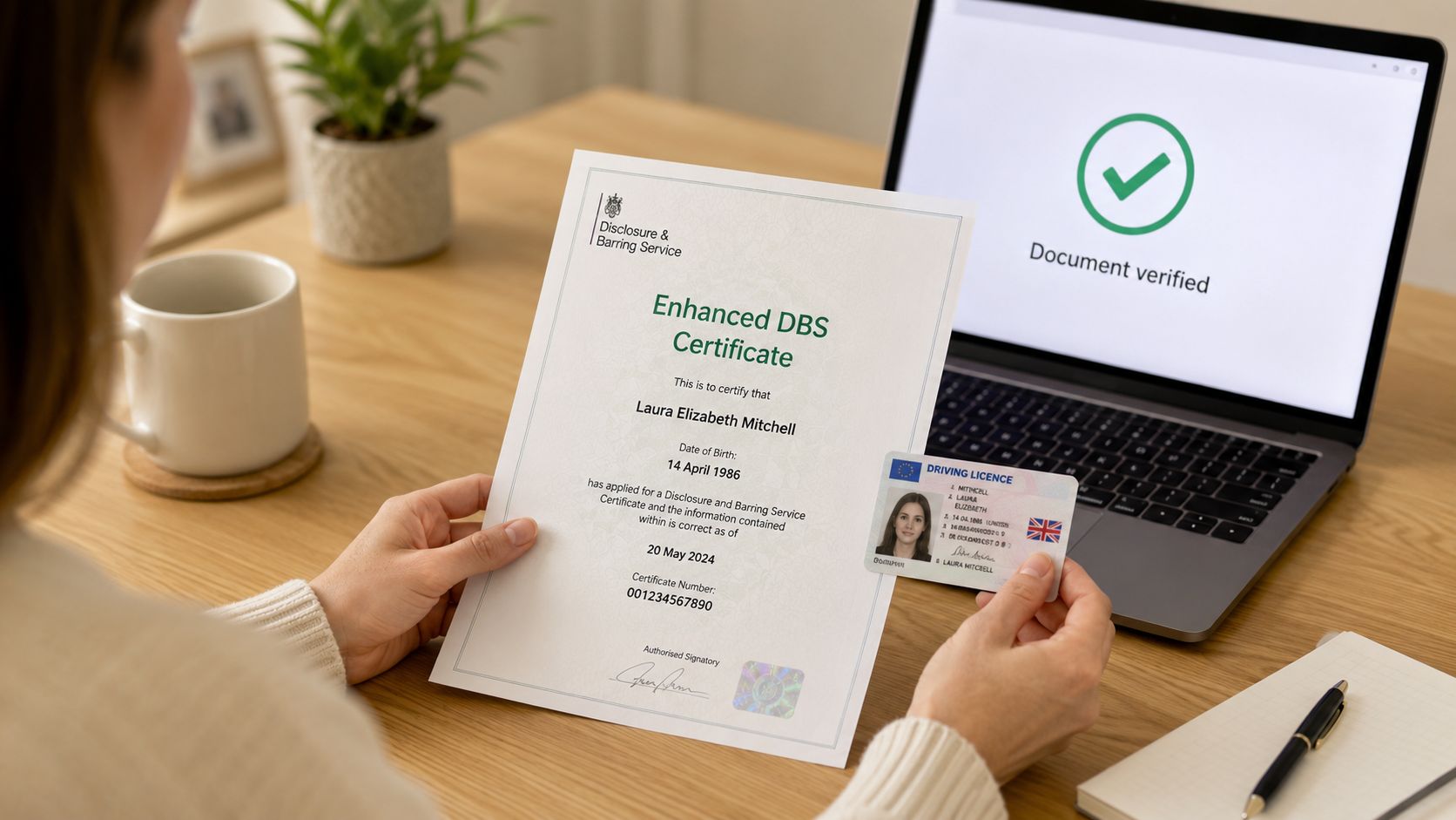 A woman holding an Enhanced DBS certificate and a UK driving licence, with a laptop showing document verification.
