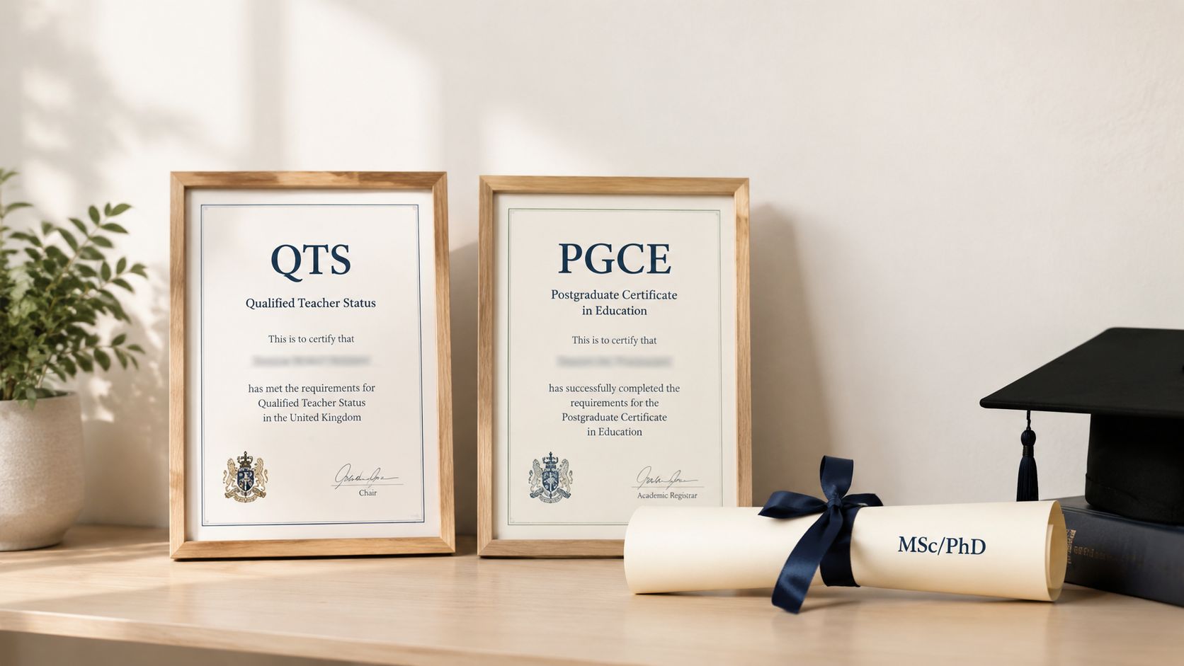 A wooden table displaying framed teaching certificates, a graduation cap, and a rolled diploma with ribbon.