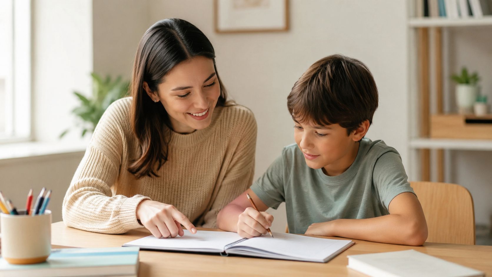 A smiling tutor helping a young student with his homework during a private study session at home.