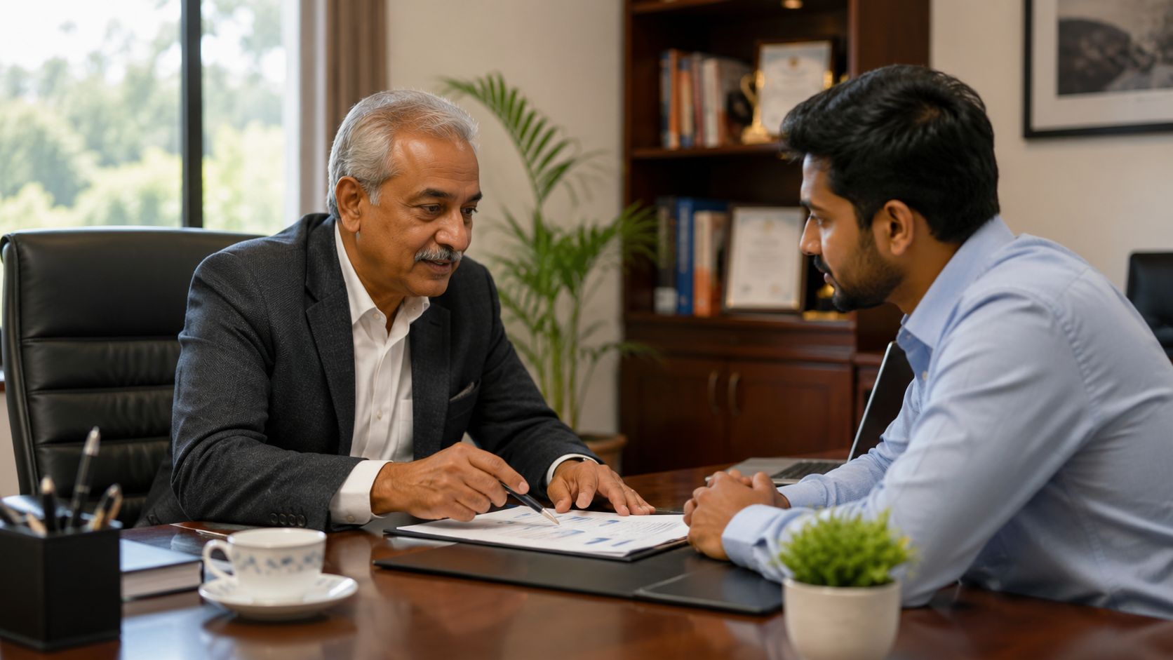 Professional Development Staff: A Blueprint for Success | Superstar Nannies A professional manager in a suit discusses business documents with a younger colleague in an office setting.