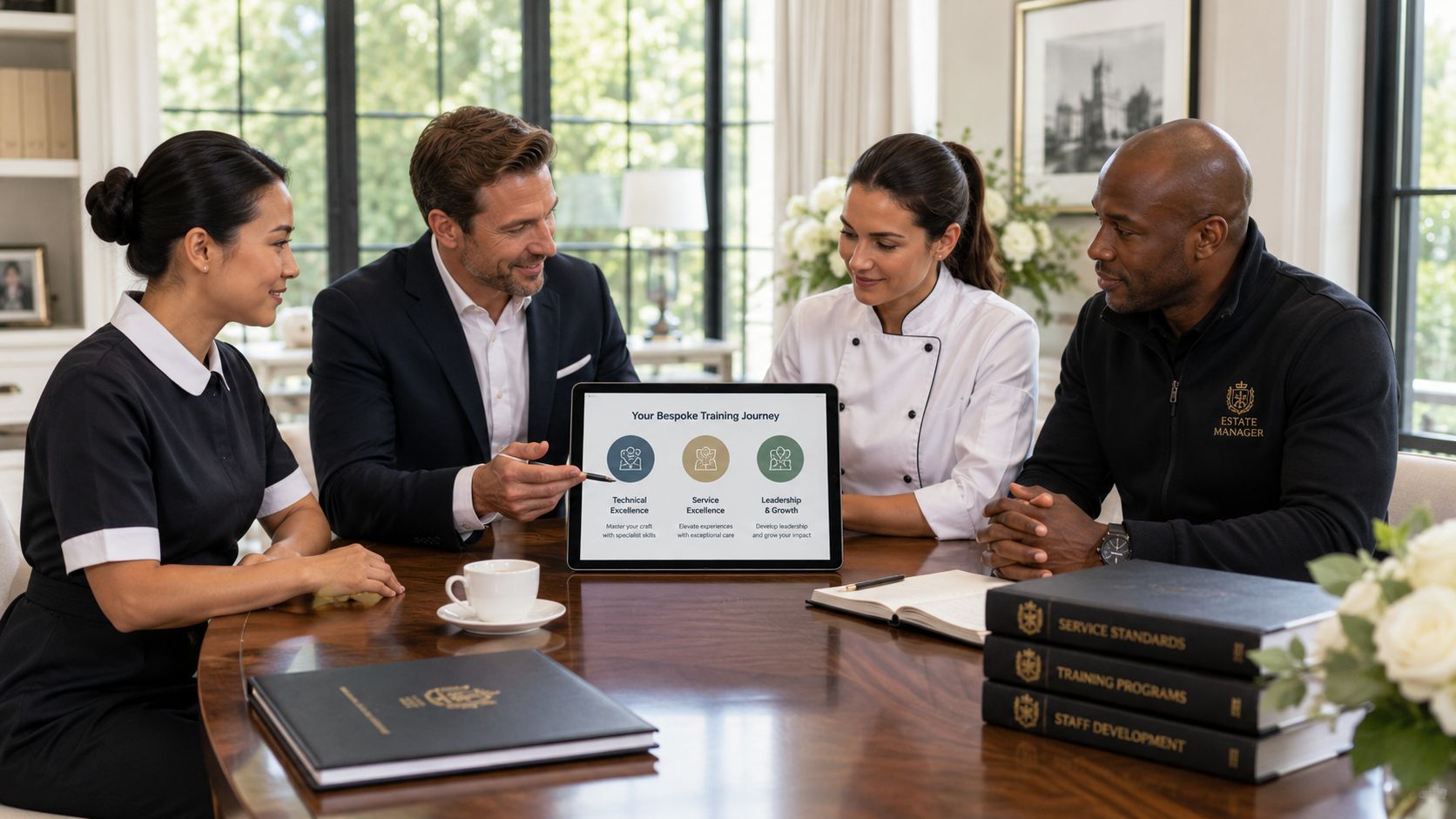 Professional Development Staff: A Blueprint for Success | Superstar Nannies A professional team discussing training programs during a meeting around a wooden conference table in an office.