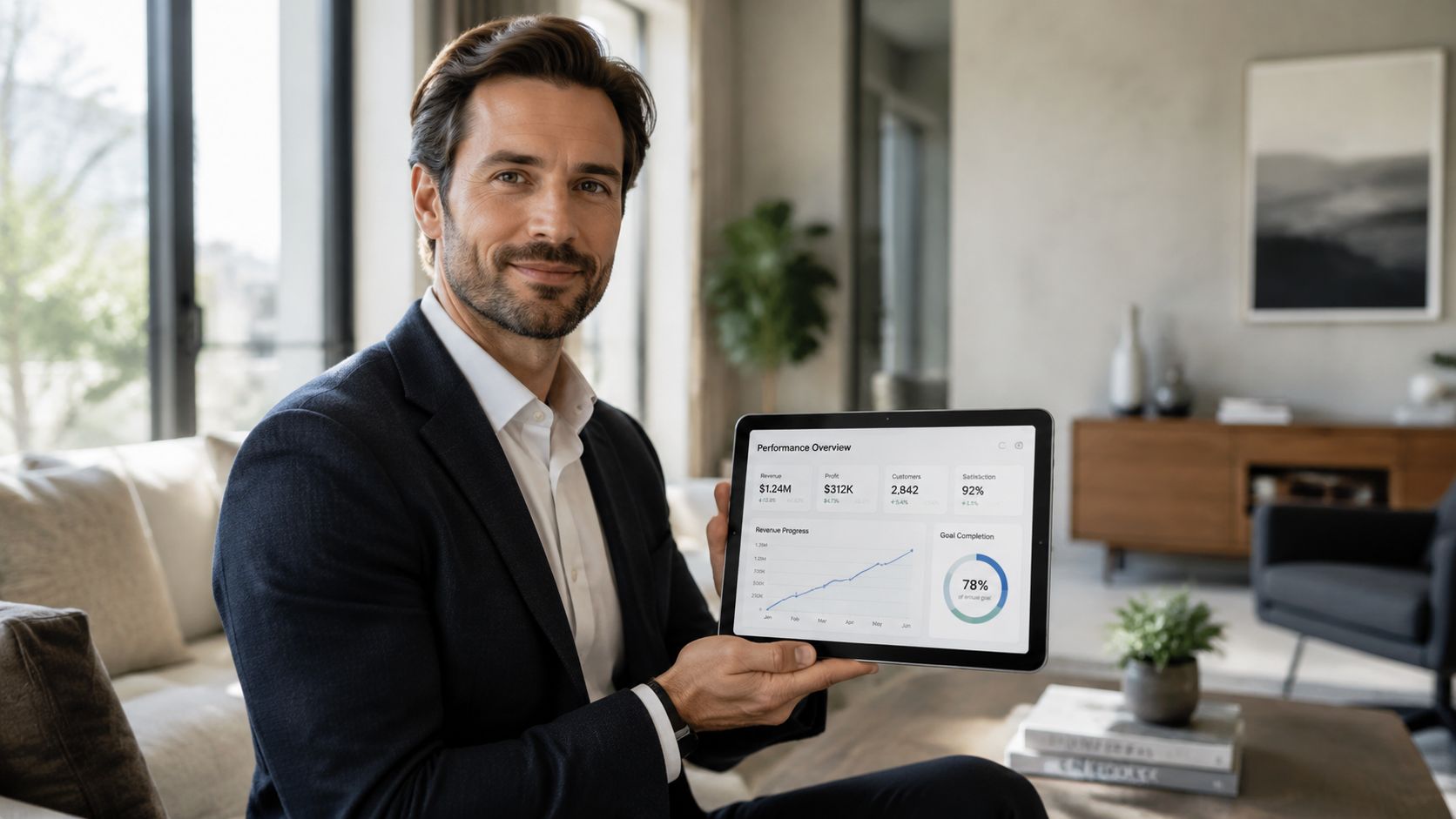 Staff Performance Metrics: A Guide for Modern Households | Superstar Nannies A professional businessman in a suit holding a tablet showing business performance analytics and metrics.