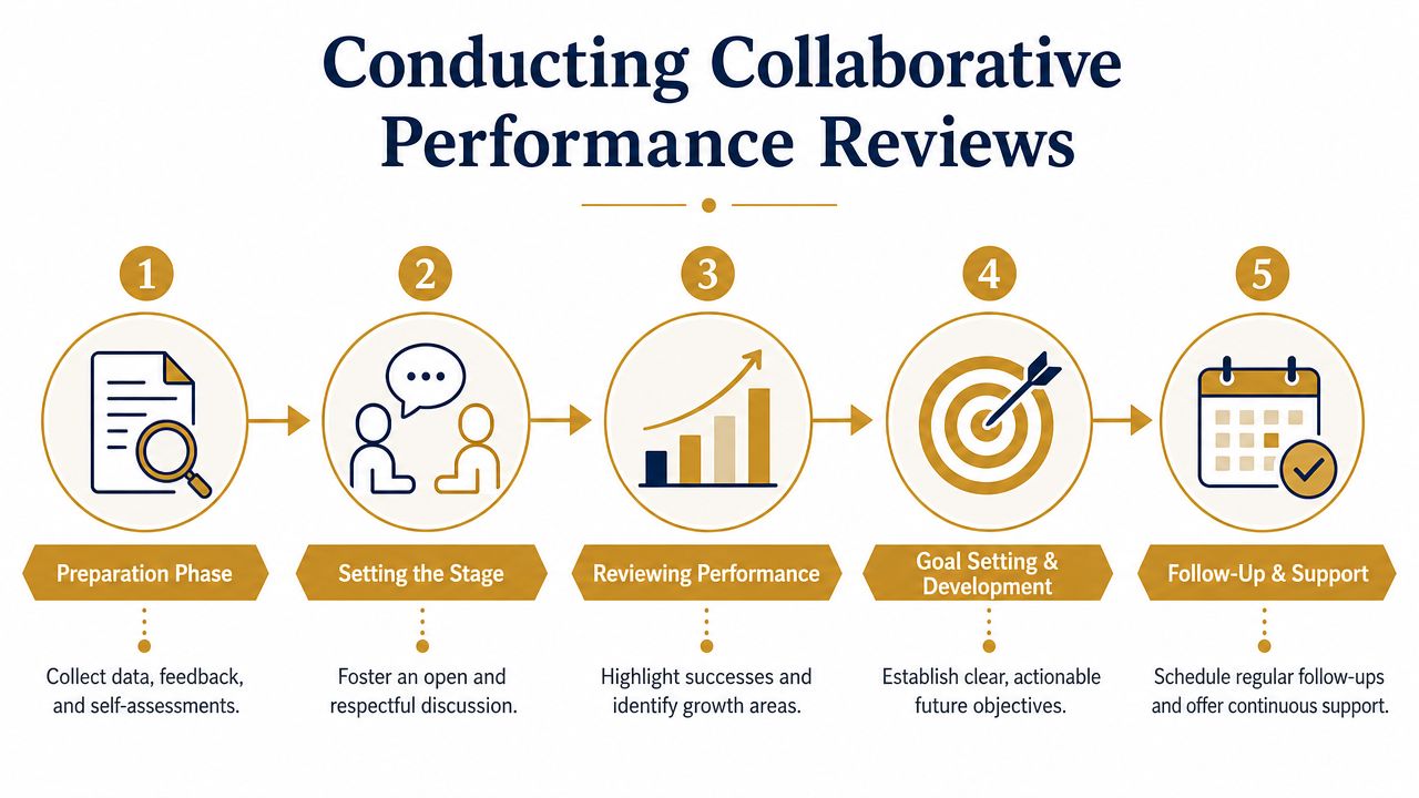 Staff Performance Metrics: A Guide for Modern Households | Superstar Nannies A flowchart showing five key steps for conducting collaborative performance reviews in a professional work environment.