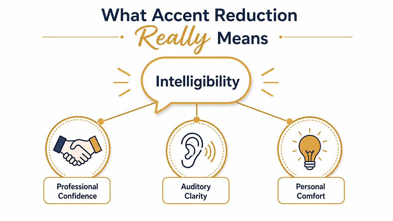 Accent Reduction Training for Private Household Staff | Superstar Nannies A diagram explaining that accent reduction means intelligibility, shown through professional confidence, auditory clarity, and personal comfort.