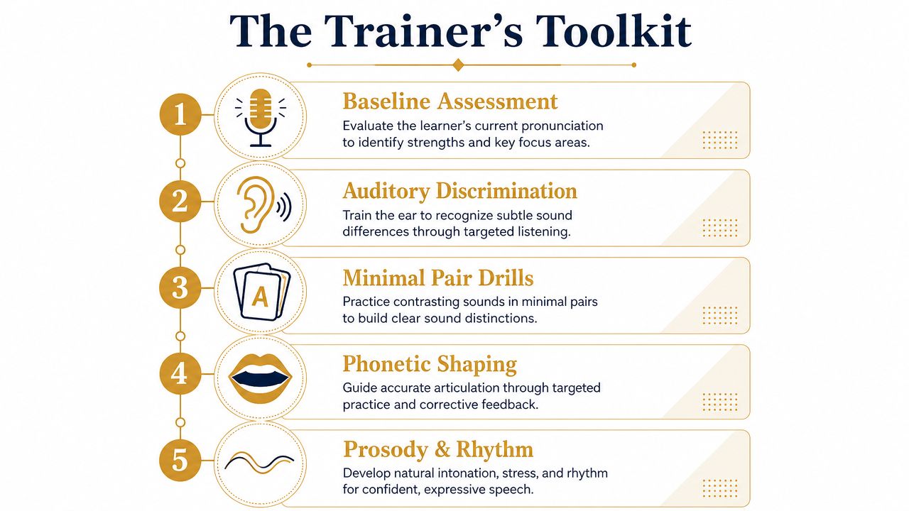 Accent Reduction Training for Private Household Staff | Superstar Nannies A five-step guide for accent reduction training titled The Trainer's Toolkit showcasing essential speech improvement techniques.