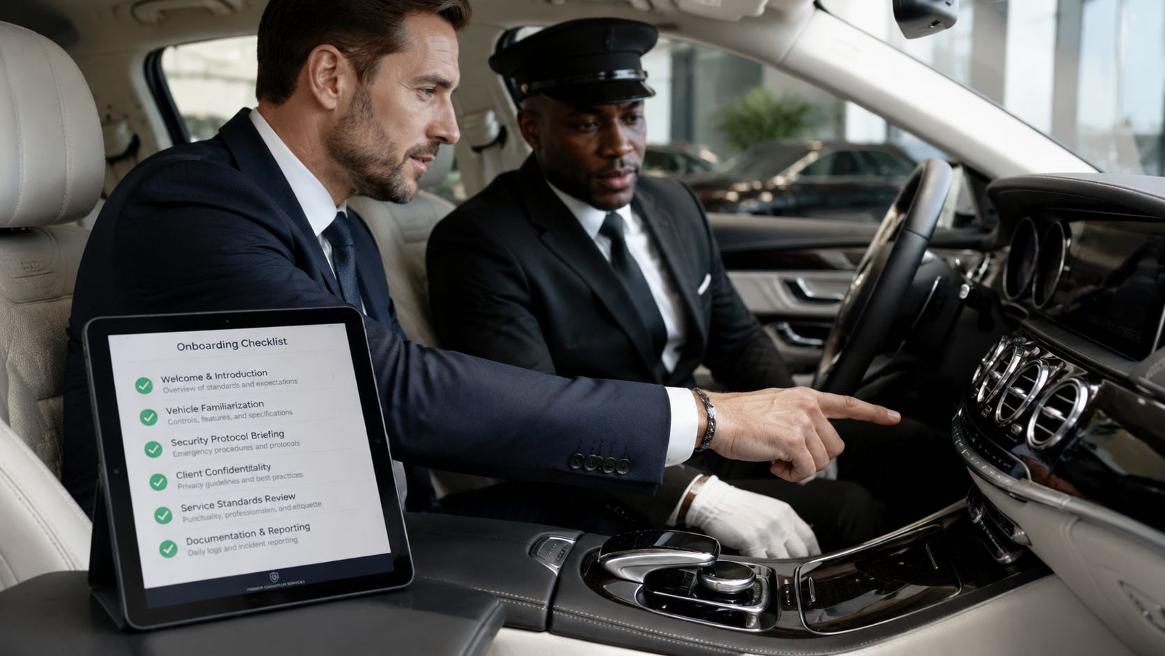 Agency for Driver: How to Hire a Private Chauffeur | Superstar Nannies A professional chauffeur receiving onboarding training on luxury vehicle operations from a manager in the car.