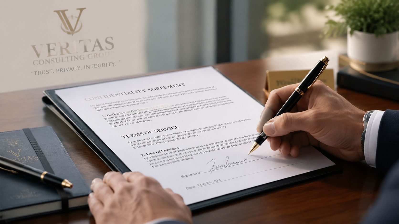 Agency for Driver: How to Hire a Private Chauffeur | Superstar Nannies A professional person signing a Veritas Consulting Group confidentiality agreement with a fountain pen.