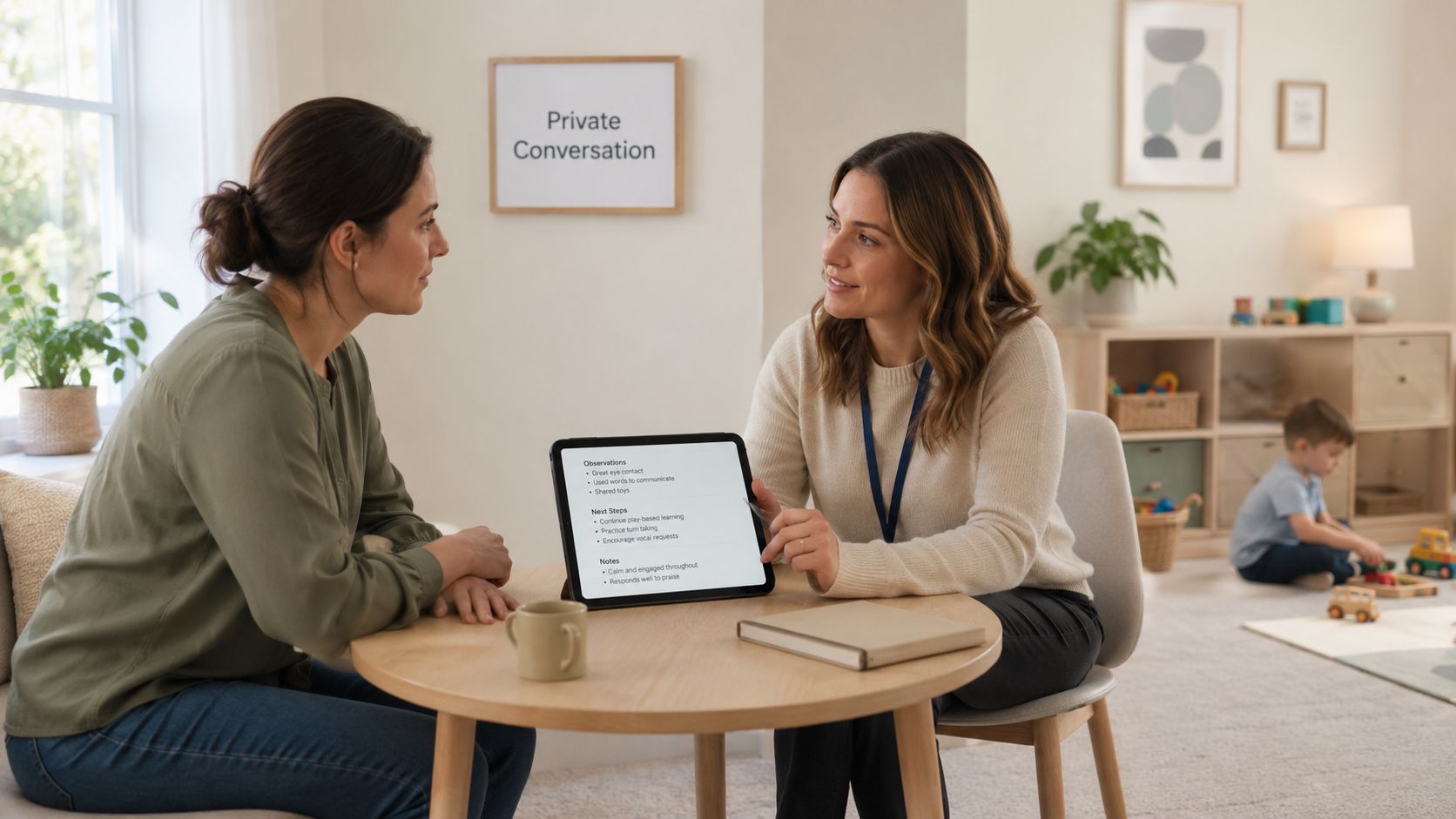 The Elite Nanny's Guide to Flawless Communication with Parents in 2026 | Superstar Nannies A teacher or therapist discussing a child's progress report on a tablet with a parent in a classroom.