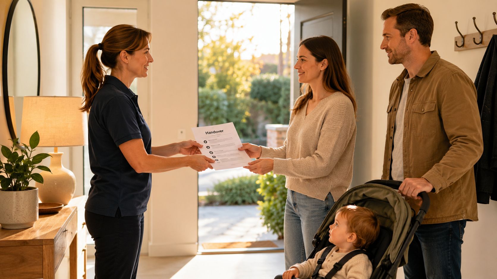 The Elite Nanny's Guide to Flawless Communication with Parents in 2026 | Superstar Nannies A professional handing a property handover document to a couple with a baby in a stroller.