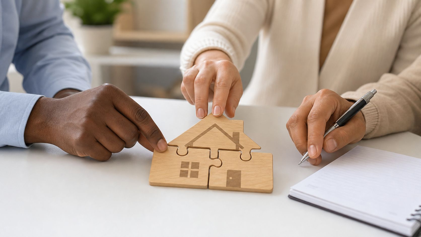 Conflict Resolution Strategies for Nannies | Superstar Nannies A diverse couple assembling a wooden house puzzle on a desk during a consultation or discussion.