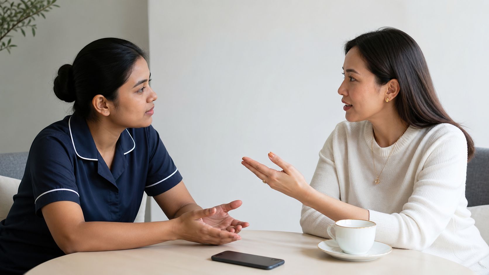 Conflict Resolution Strategies for Nannies | Superstar Nannies Two women engaged in a serious conversation while sitting at a table with a phone and coffee.
