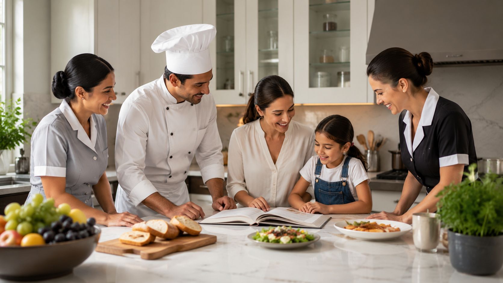 Cultural Sensitivity Training: A Guide for 2026 | Superstar Nannies A professional chef and house staff guiding a mother and daughter through a cookbook in a kitchen.