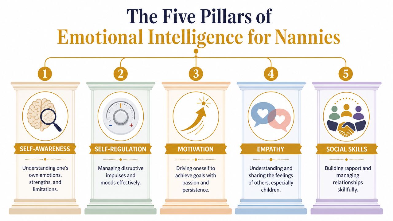 Boost Household Harmony: Emotional Intelligence Training | Superstar Nannies An infographic titled The Five Pillars of Emotional Intelligence for Nannies displaying five numbered, colorful pillars.
