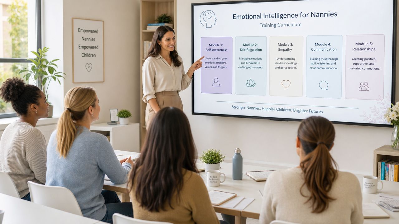 Boost Household Harmony: Emotional Intelligence Training | Superstar Nannies A woman presenting an emotional intelligence training curriculum to a group of nannies in a bright office.