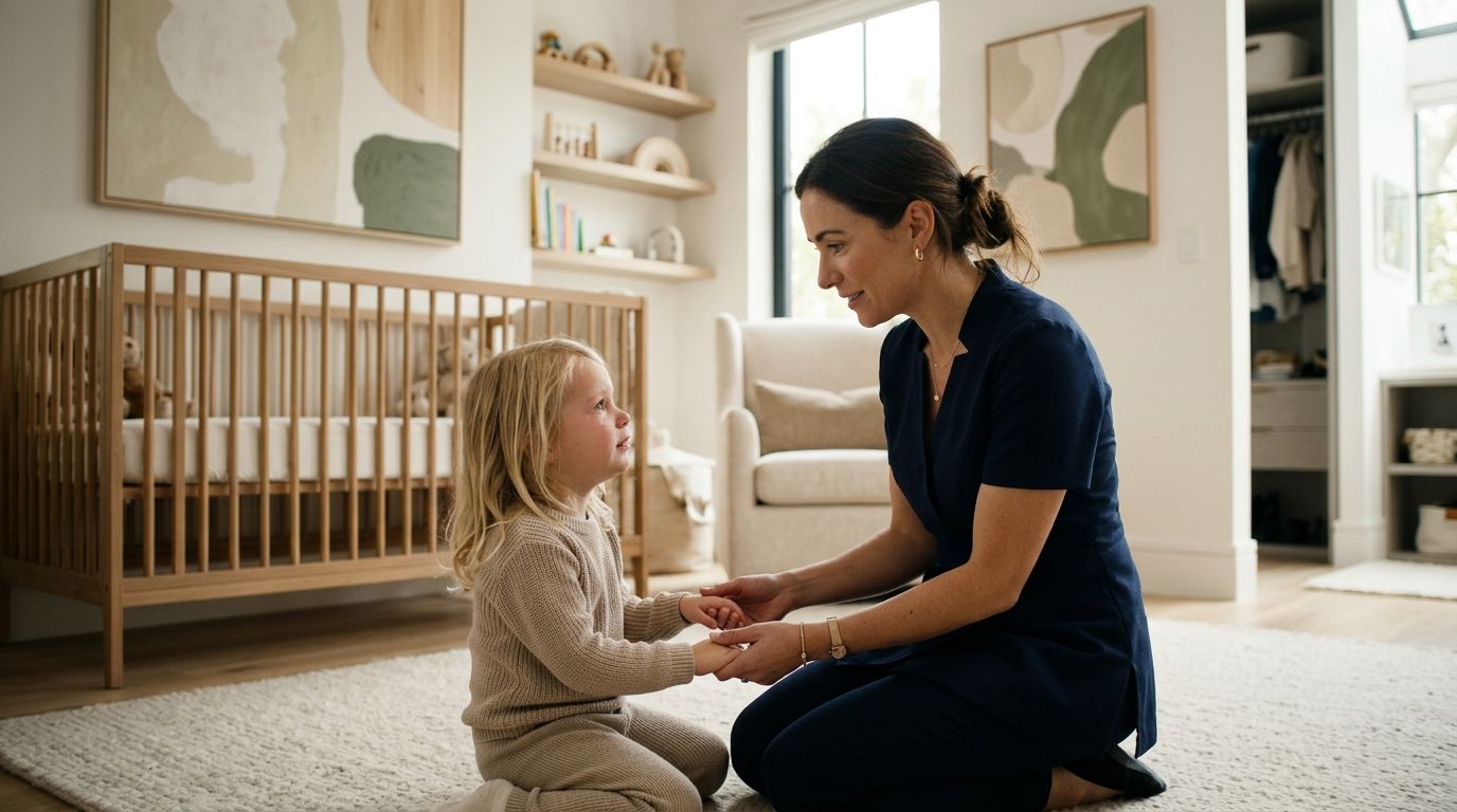 Boost Household Harmony: Emotional Intelligence Training | Superstar Nannies A woman kneeling on a rug and holding the hands of a crying toddler in a nursery.