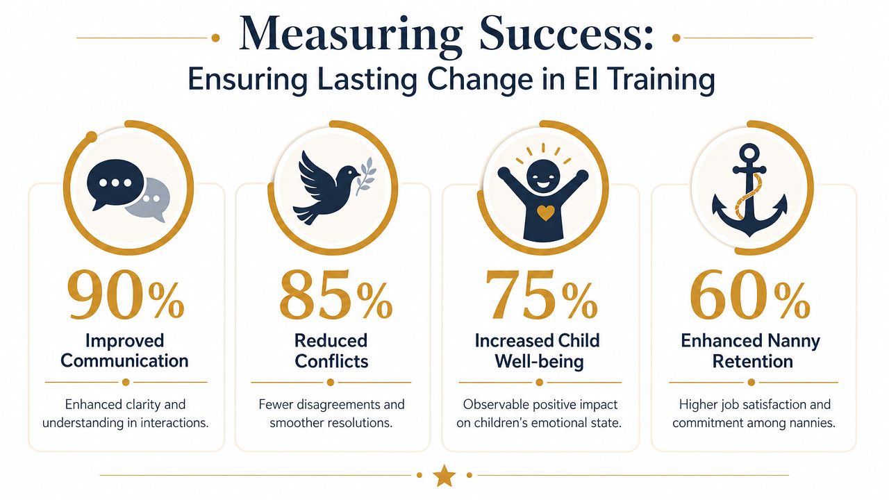 Boost Household Harmony: Emotional Intelligence Training | Superstar Nannies An infographic showing success metrics for emotional intelligence training, including improved communication, reduced conflicts, and nanny retention.