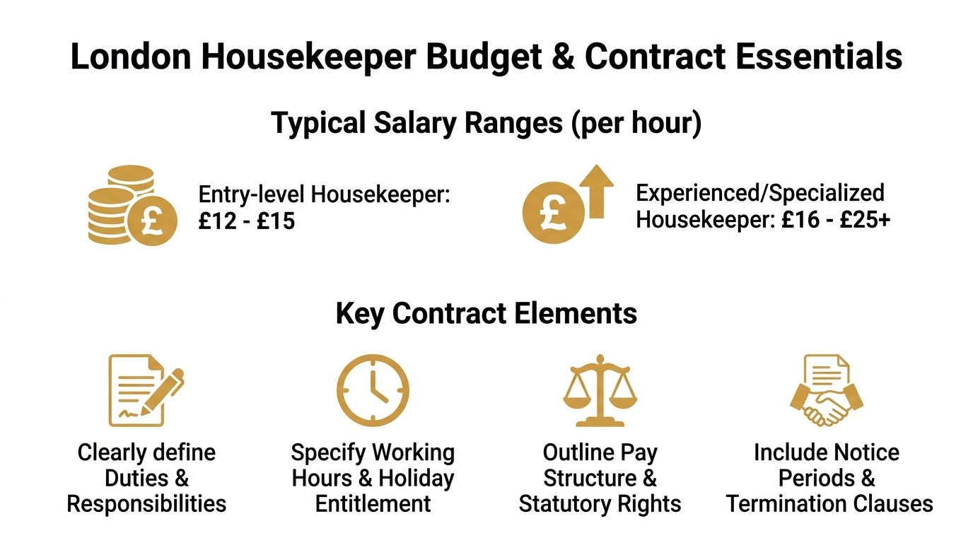 Your 2026 Guide to Find a Housekeeper London | Superstar Nannies A graphic outlining typical London housekeeper hourly salary ranges and essential contract elements for hiring professionals.