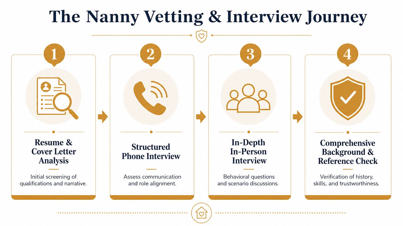 How to Find a Live in Nanny: A Guide for UK Families | Superstar Nannies A four-step infographic illustrating the professional process for vetting and interviewing potential nannies for hire.