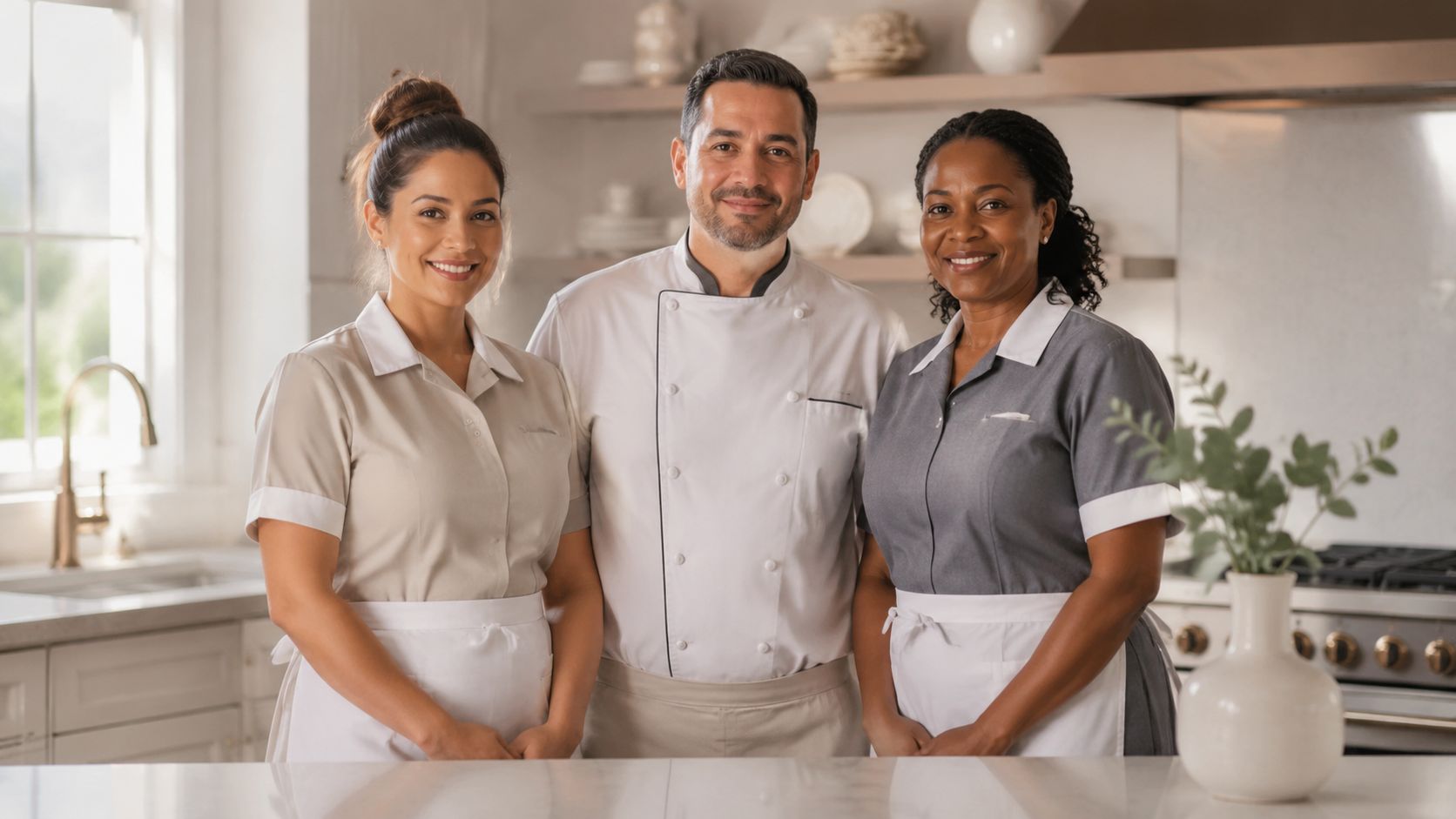How to Improve Staff Morale in a Private Household in 2026 | Superstar Nannies A professional chef and two kitchen staff members standing together smiling in a modern bright kitchen.